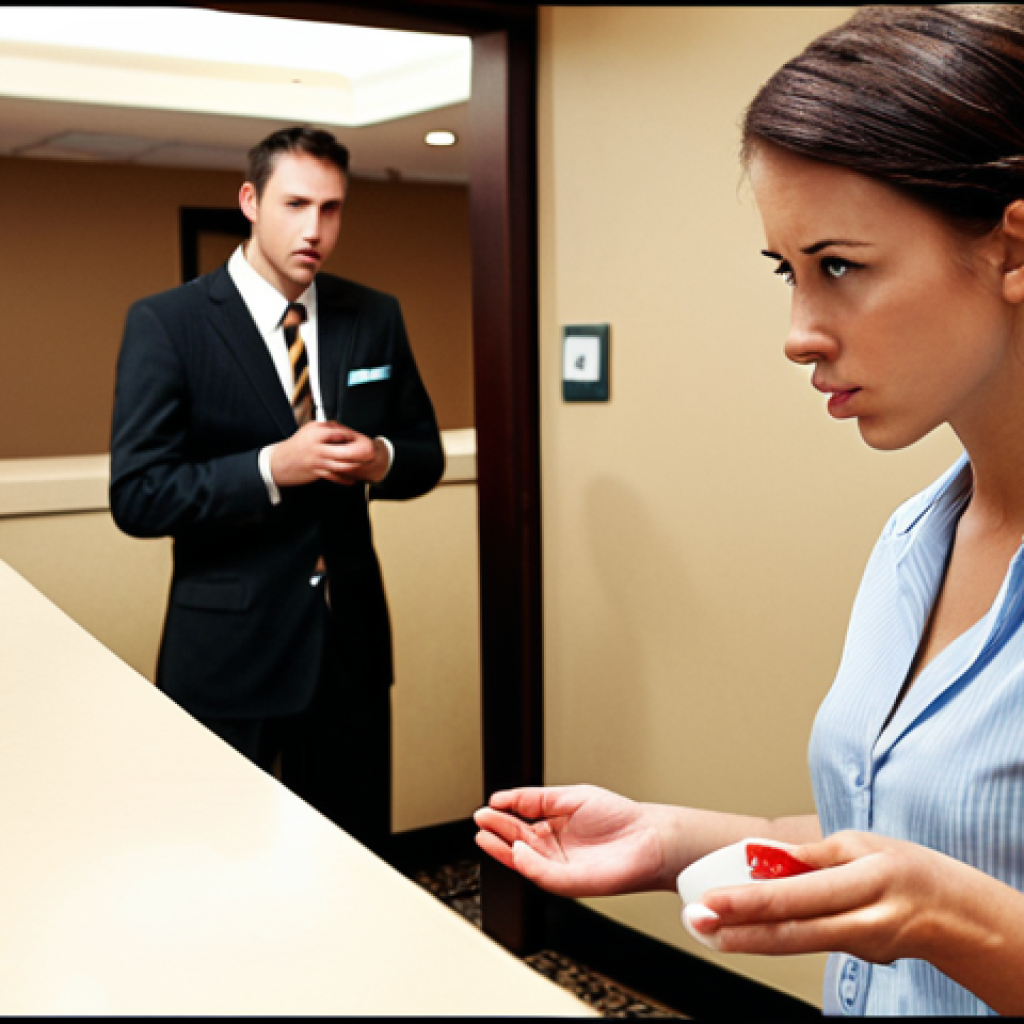 **

*   Prompt: Hotel reception desk with a frazzled receptionist assisting a frustrated guest. In the background, other guests are waiting. Focus on the receptionist offering a complimentary drink to de-escalate the situation. Emphasize problem-solving and customer service.

**