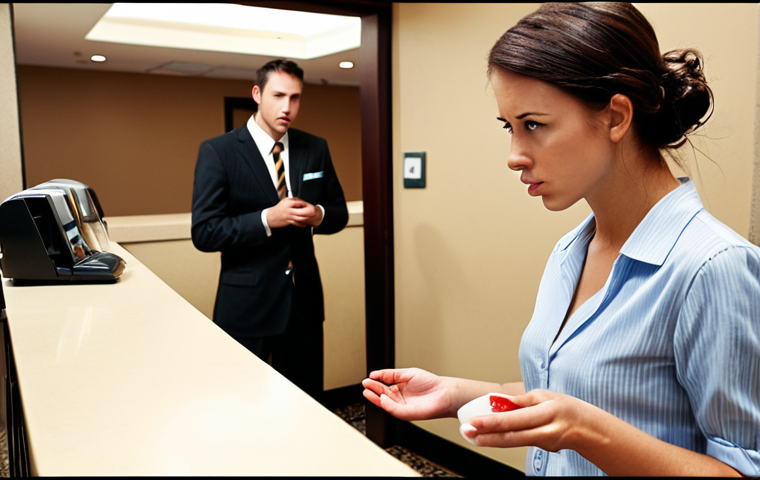 **
* Prompt: Hotel reception desk with a frazzled receptionist assisting a frustrated guest. In the background, other guests are waiting. Focus on the receptionist offering a complimentary drink to de-escalate the situation. Emphasize problem-solving and customer service.
**