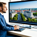 A professional hospitality expert, fully clothed in a modest business suit, intently focused on a large screen displaying complex revenue management analytics in a modern, sunlit hotel executive office. The background features a subtle view of a vibrant cityscape, hinting at a bustling European location. The scene is illuminated by natural light, emphasizing clarity and professionalism. The subject exhibits perfect anatomy, correct proportions, and a natural pose, with well-formed hands, proper finger count, and natural body proportions. The overall image portrays appropriate content, safe for work, professional, high quality, and family-friendly.