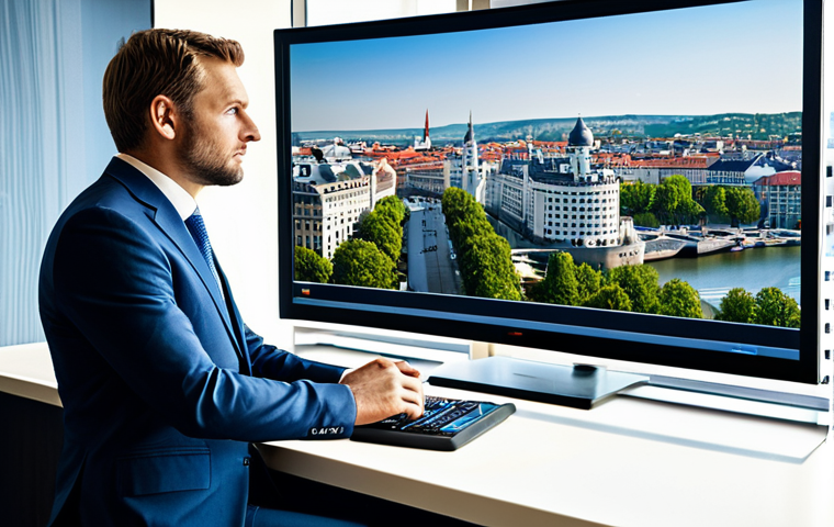 A professional hospitality expert, fully clothed in a modest business suit, intently focused on a large screen displaying complex revenue management analytics in a modern, sunlit hotel executive office. The background features a subtle view of a vibrant cityscape, hinting at a bustling European location. The scene is illuminated by natural light, emphasizing clarity and professionalism. The subject exhibits perfect anatomy, correct proportions, and a natural pose, with well-formed hands, proper finger count, and natural body proportions. The overall image portrays appropriate content, safe for work, professional, high quality, and family-friendly.