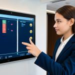 A professional hospitality student, fully clothed in appropriate business casual attire, actively engaging with a large touchscreen Property Management System (PMS) displaying hotel operational data. They are in a modern, well-lit hotel training center or simulated reception area, with subtle digital displays in the background. The student has a focused and determined expression, demonstrating hands-on learning and technological proficiency. Perfect anatomy, correct proportions, natural pose, well-formed hands, proper finger count, natural body proportions. Safe for work, appropriate content, fully clothed, professional. High-quality professional photography, clear details, realistic lighting.