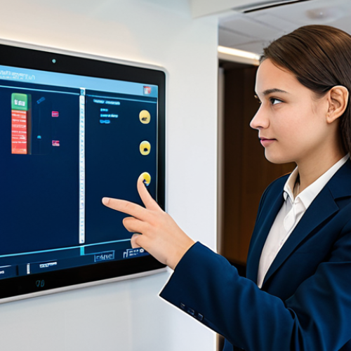 Home 7 A professional hospitality student, fully clothed in appropriate business casual attire, actively engaging with a large touchscreen Property Management System (PMS) displaying hotel operational data. They are in a modern, well-lit hotel training center or simulated reception area, with subtle digital displays in the background. The student has a focused and determined expression, demonstrating hands-on learning and technological proficiency. Perfect anatomy, correct proportions, natural pose, well-formed hands, proper finger count, natural body proportions. Safe for work, appropriate content, fully clothed, professional. High-quality professional photography, clear details, realistic lighting.