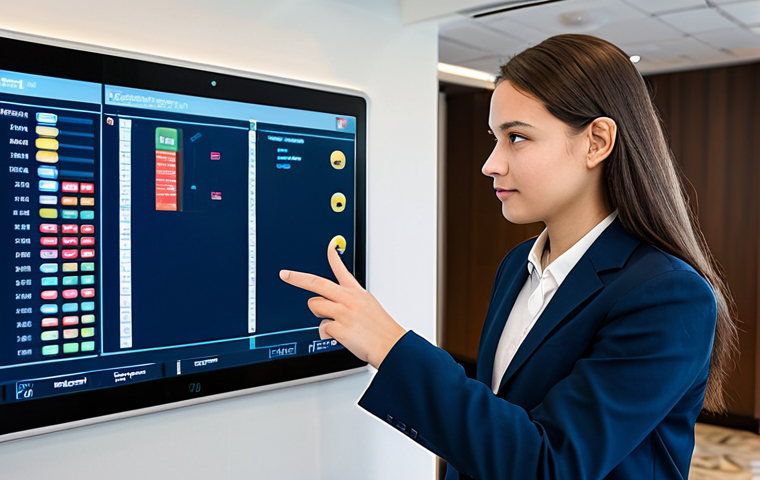 A professional hospitality student, fully clothed in appropriate business casual attire, actively engaging with a large touchscreen Property Management System (PMS) displaying hotel operational data. They are in a modern, well-lit hotel training center or simulated reception area, with subtle digital displays in the background. The student has a focused and determined expression, demonstrating hands-on learning and technological proficiency. Perfect anatomy, correct proportions, natural pose, well-formed hands, proper finger count, natural body proportions. Safe for work, appropriate content, fully clothed, professional. High-quality professional photography, clear details, realistic lighting.