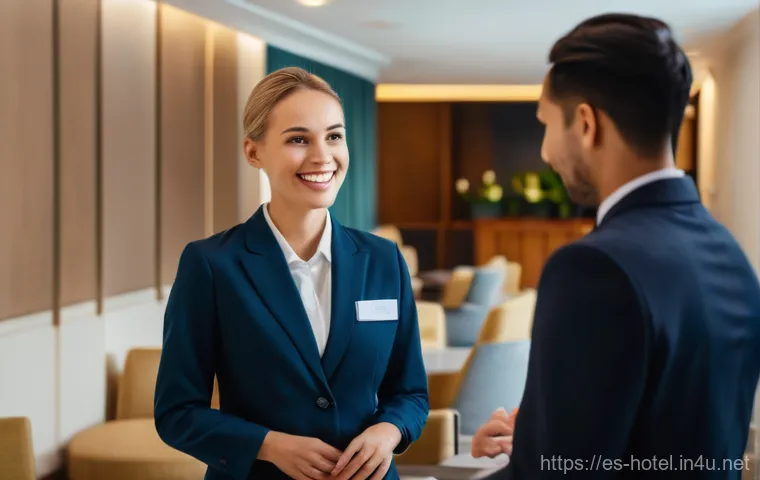 호텔업계 성공적인 커리어 플랜 - A vibrant, modern hotel lobby bustling with diverse guests. A professional and welcoming hotel recep...