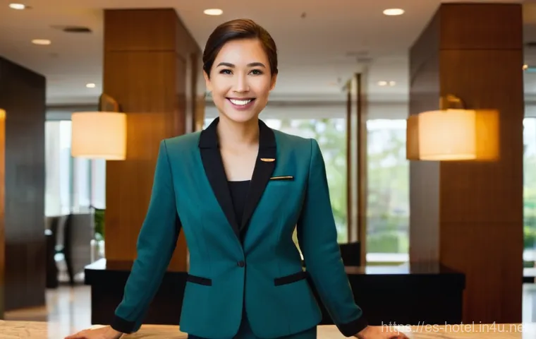 호텔 실기 시험 후기와 꿀팁 - **Prompt:** A professional and friendly hotel front desk agent, a woman in her early 30s, stands beh...