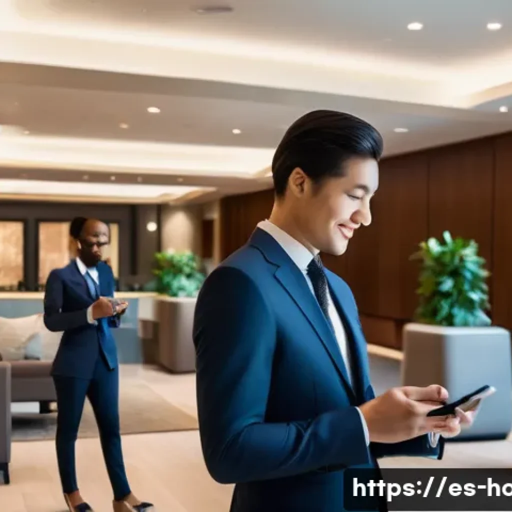 호텔관리사 시험을 준비하며 겪은 이야기 - **Prompt 1: Digital Guest Experience & Personalization**
    "A sleek, modern hotel lobby with a div...