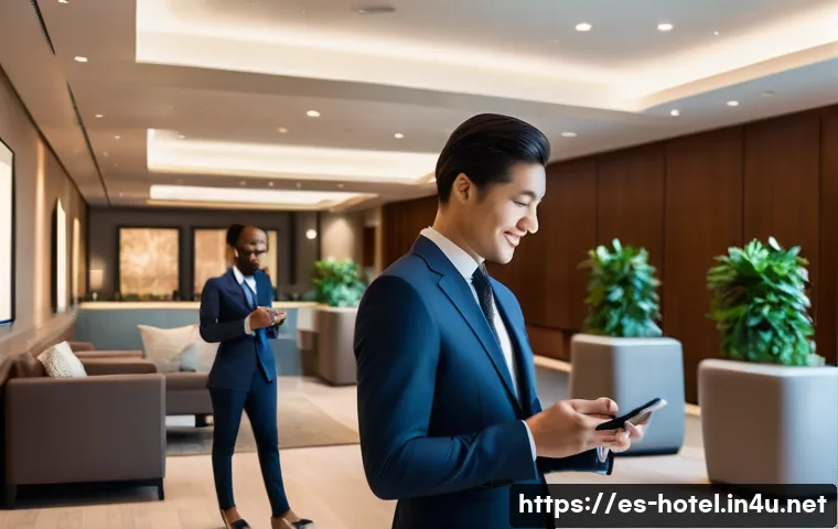 호텔관리사 시험을 준비하며 겪은 이야기 - **Prompt 1: Digital Guest Experience & Personalization**
"A sleek, modern hotel lobby with a div...