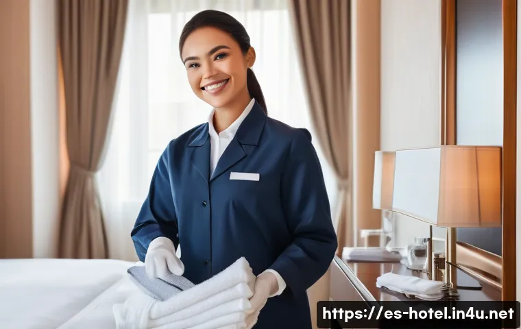 호텔 실기 시험에서 흔히 하는 실수 - A professional hotel room attendant in a crisp, well-fitted uniform, carefully organizing a luxury h...