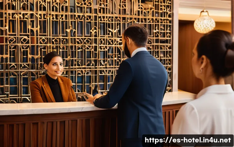 호텔 실무에서 발생하는 갈등 해결 방법 - A warm and professional hotel reception scene in a modern Spanish hotel lobby, featuring a diverse h...