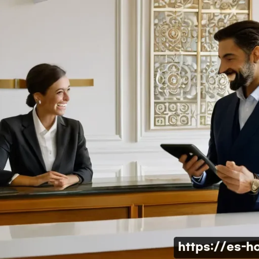 호텔 실무에 필요한 기본 소양 - A warmly lit hotel lobby scene in a modern Spanish city hotel, featuring a diverse hotel receptionis...