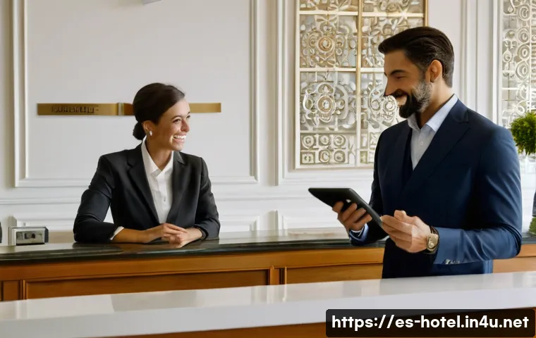 호텔 실무에 필요한 기본 소양 - A warmly lit hotel lobby scene in a modern Spanish city hotel, featuring a diverse hotel receptionis...
