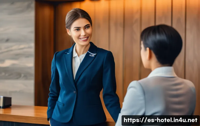 호텔 취업 면접 질문과 답변 - A professional hotel receptionist attentively listening to a frustrated guest in a modern boutique h...