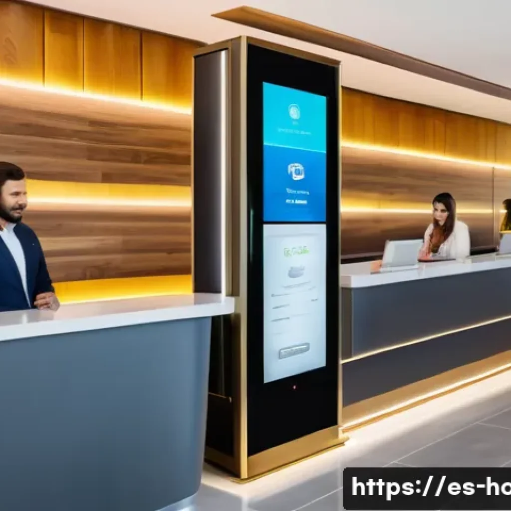 호텔 실무에서 꼭 알아야 할 기술 - A modern hotel reception area featuring a sleek self-service kiosk with a touchscreen interface. The...