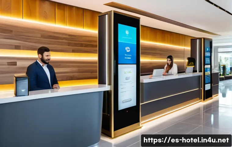 호텔 실무에서 꼭 알아야 할 기술 - A modern hotel reception area featuring a sleek self-service kiosk with a touchscreen interface. The...