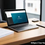 Home 22 호텔 취업 포트폴리오 작성 팁 - A professional hotel employee portfolio workspace scene showing a clean, modern desk with a sleek la...