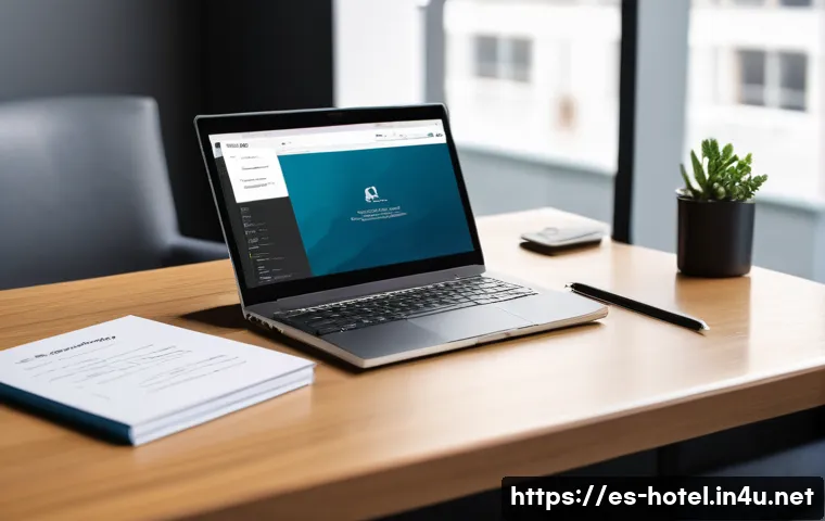 호텔 취업 포트폴리오 작성 팁 - A professional hotel employee portfolio workspace scene showing a clean, modern desk with a sleek la...