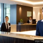 Home 21 호텔 취업 후 경력 관리 전략 - A professional hotel receptionist attentively listening and smiling warmly to a diverse group of int...