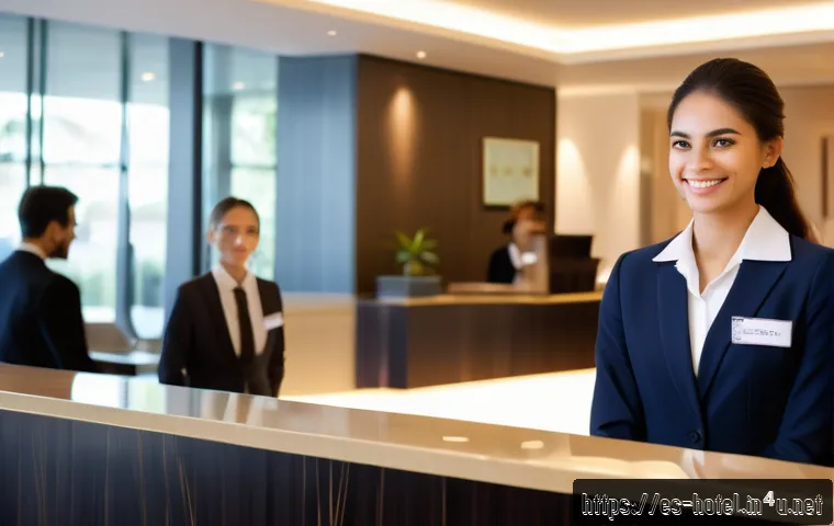 호텔 취업 후 경력 관리 전략 - A professional hotel receptionist attentively listening and smiling warmly to a diverse group of int...