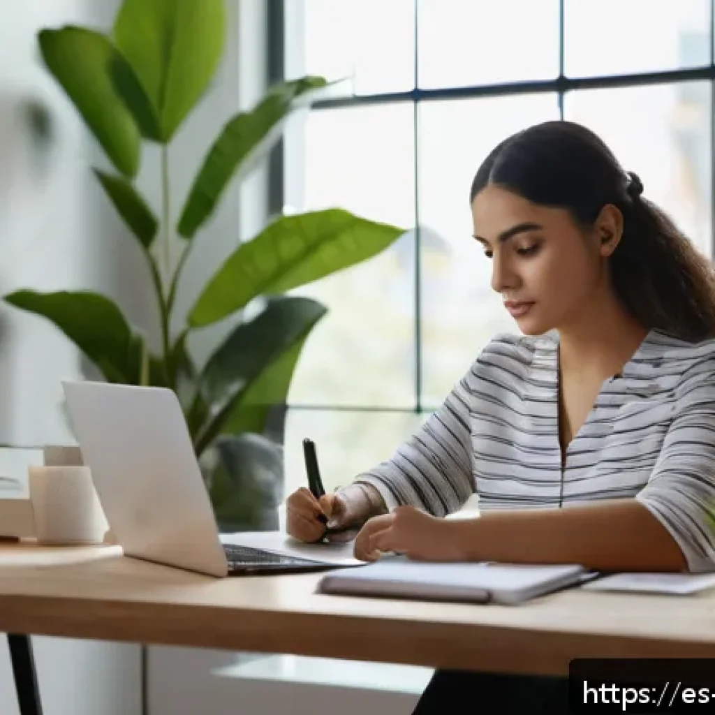 호텔업계 이직 준비 체크리스트 - A professional young Hispanic woman in business casual attire sitting at a modern desk with a laptop...