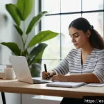 Home 23 호텔업계 이직 준비 체크리스트 - A professional young Hispanic woman in business casual attire sitting at a modern desk with a laptop...