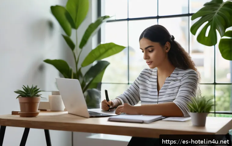 호텔업계 이직 준비 체크리스트 - A professional young Hispanic woman in business casual attire sitting at a modern desk with a laptop...