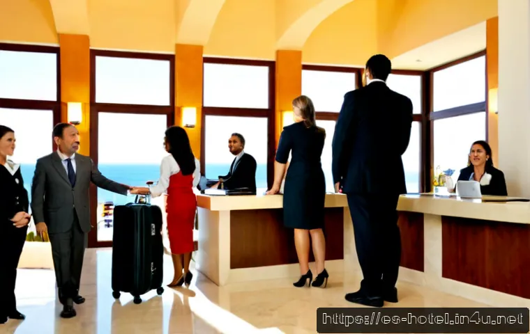 호텔 실무에서 중요한 관리 기술 - Photorealistic upscale Spanish coastal hotel lobby, experienced hotel manager in smart neutral busin...