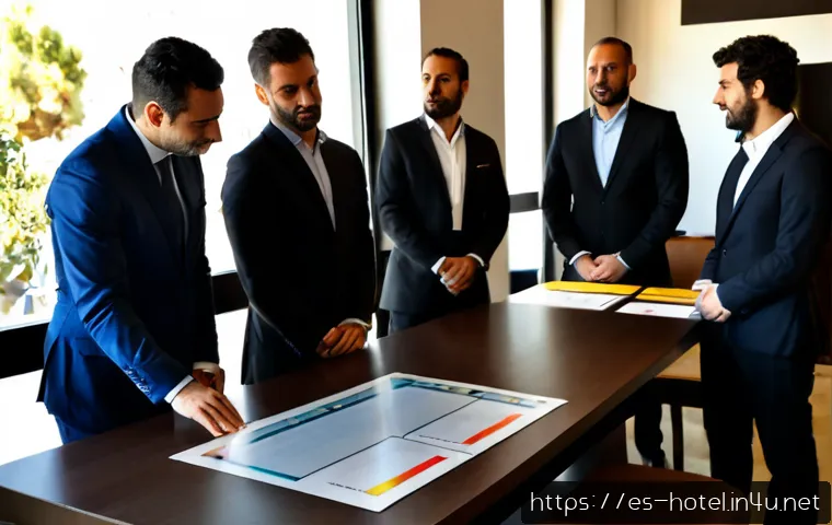Home 17 호텔 실무에서의 프로젝트 관리 방법 - Photorealistic hotel project management meeting in a modern boutique hotel in Barcelona, diverse Spa...